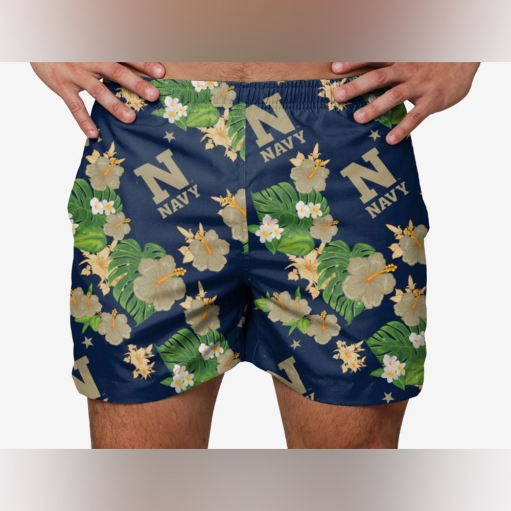 Navy Aloha Print LSwim Trunks Mens Large Shorts Blue 100% collegiate License New